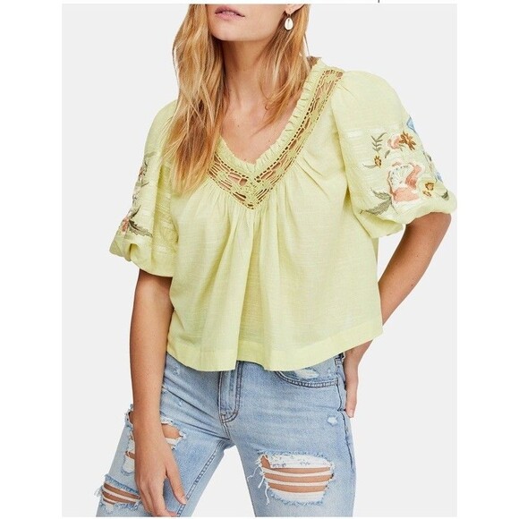 Free People Lime Bohemia Embroidered Top Small  Crochet Boho Peasant Flowy - Picture 1 of 6